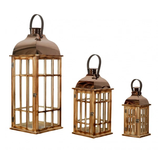 Çelik Çatılı Üçlü Ahşap Mumluk Fener Seti Ibiza