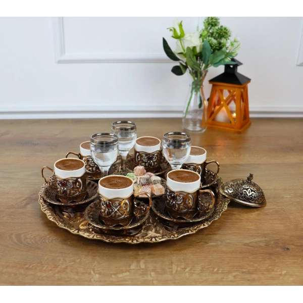 Nostaljik Kristal Taşlı Tepsili Türk Kahvesi Fincan Takımı Antik Bakır