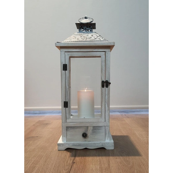 Toledo Metal Çatılı Çekmeceli Ahşap Mumluk Fener 50cm