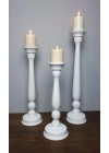 Ahşap Şamdan Mumluk Üçlü Set Beyaz 60/50/40cm