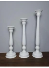 Ahşap Şamdan Mumluk Üçlü Set Beyaz 60/50/40cm