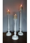 Ahşap Şamdan Mumluk Üçlü Set Beyaz 60/50/40cm