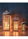 Çelik Çatılı Üçlü Ahşap Mumluk Fener Seti Ibiza