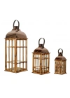 Çelik Çatılı Üçlü Ahşap Mumluk Fener Seti Ibiza