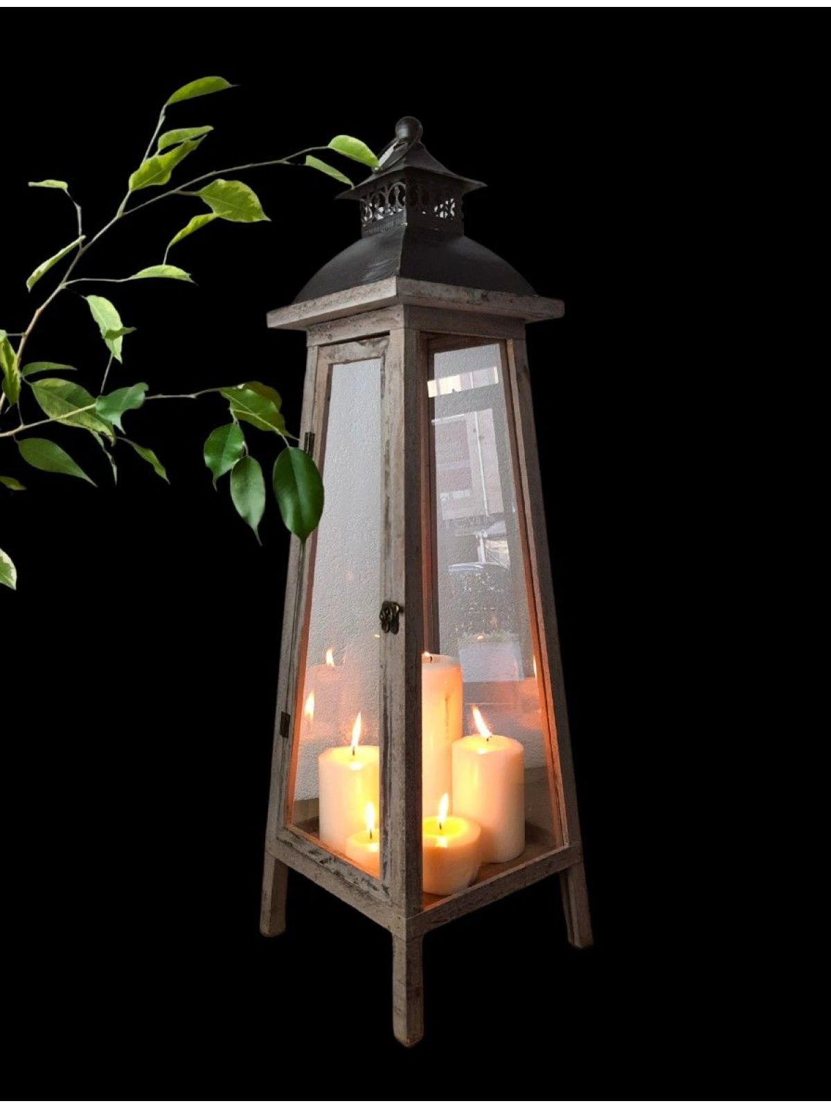 Old Town Metal Çatılı Ahşap Mumluk Fener 80cm