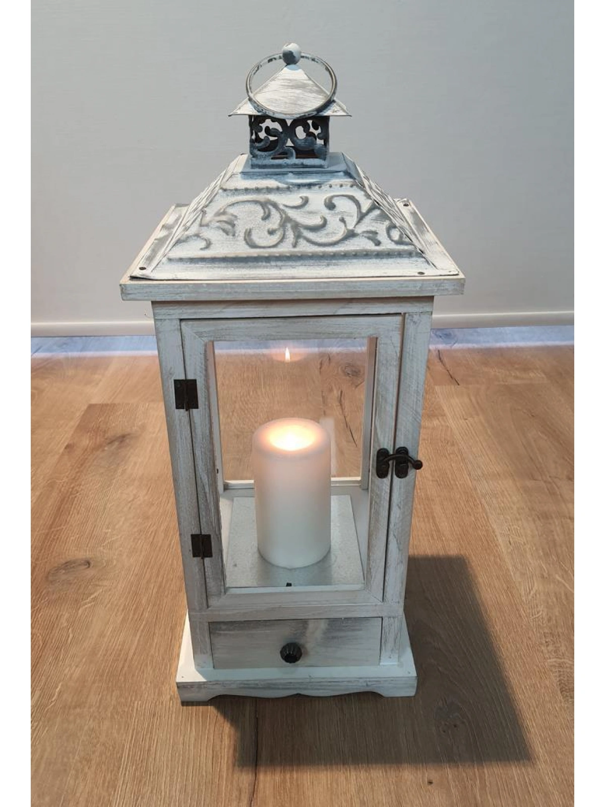 Toledo Metal Çatılı Çekmeceli Ahşap Mumluk Fener 50cm