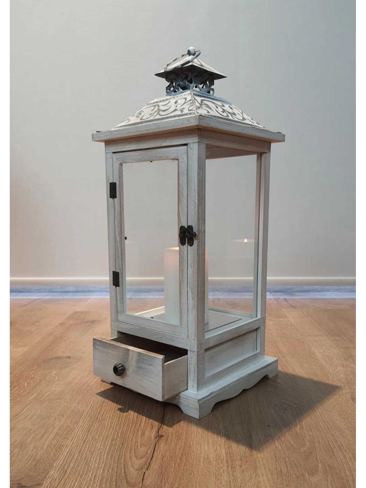 Toledo Metal Çatılı Çekmeceli Ahşap Mumluk Fener 50cm