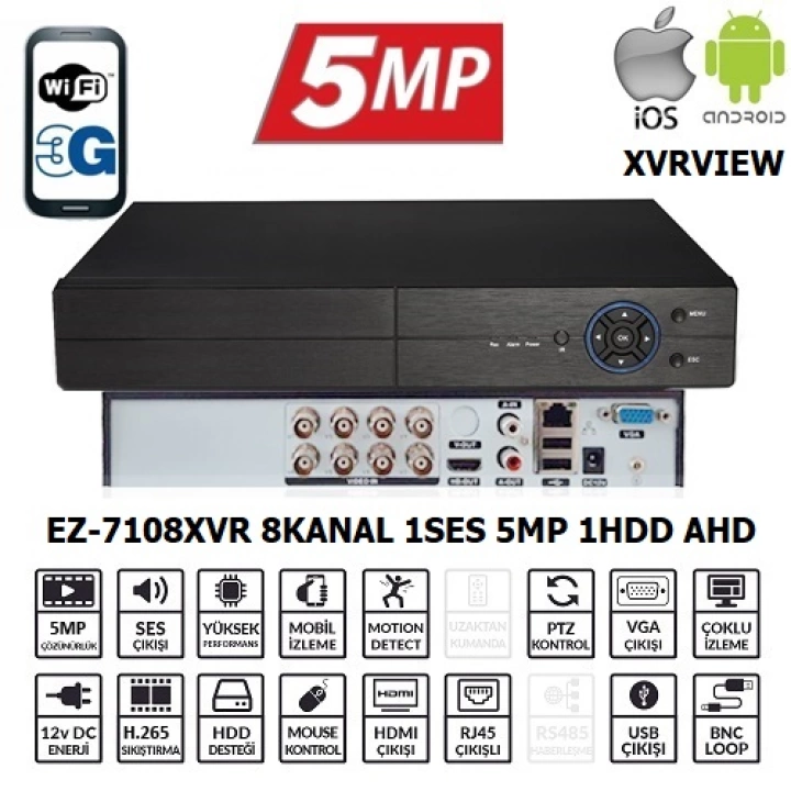 EZCOOL EZ-7108XVR 8CH 5MP KOAKSIYEL SES XVRVIEW