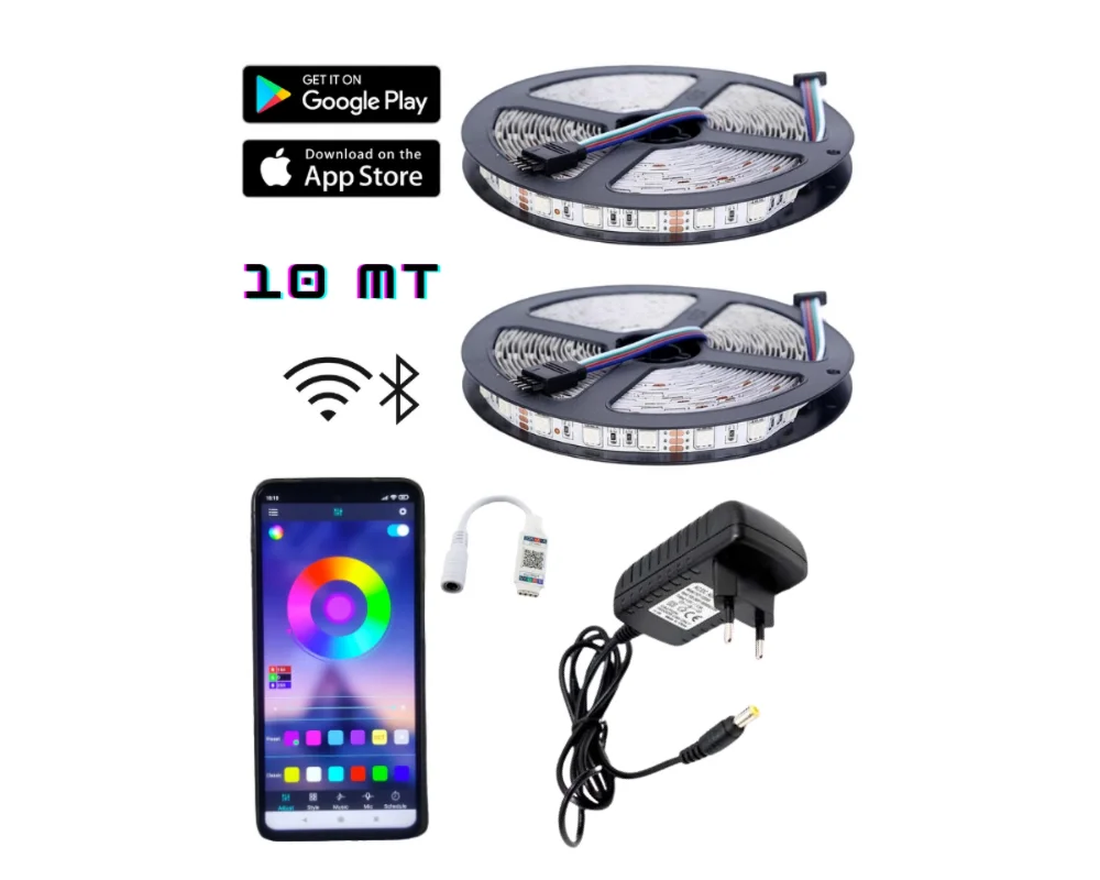 10 Metre Rgb Led Sese ve Müziğe Duyarlı Bluetooth Özellikli Tak Çalıştır Set 3 Çipli 50 İç Mekan
