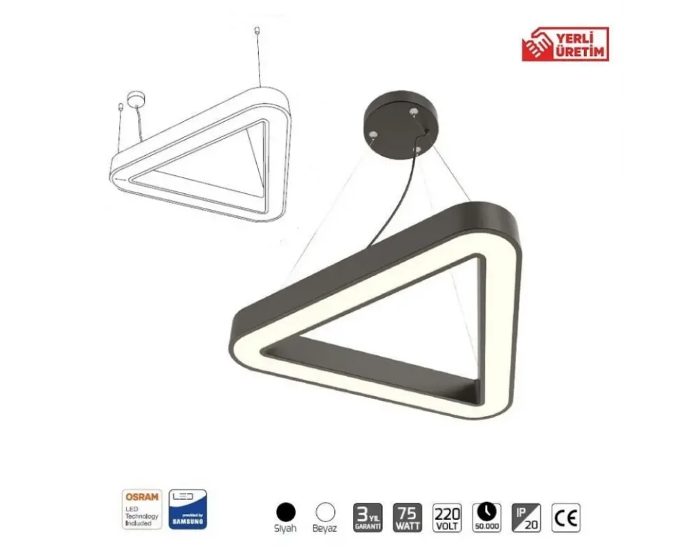 90-90-90 cm 90 Watt 12500 Lümen Üçgen Simit Linear Aydınlatma Beyaz ve Gün Işığı