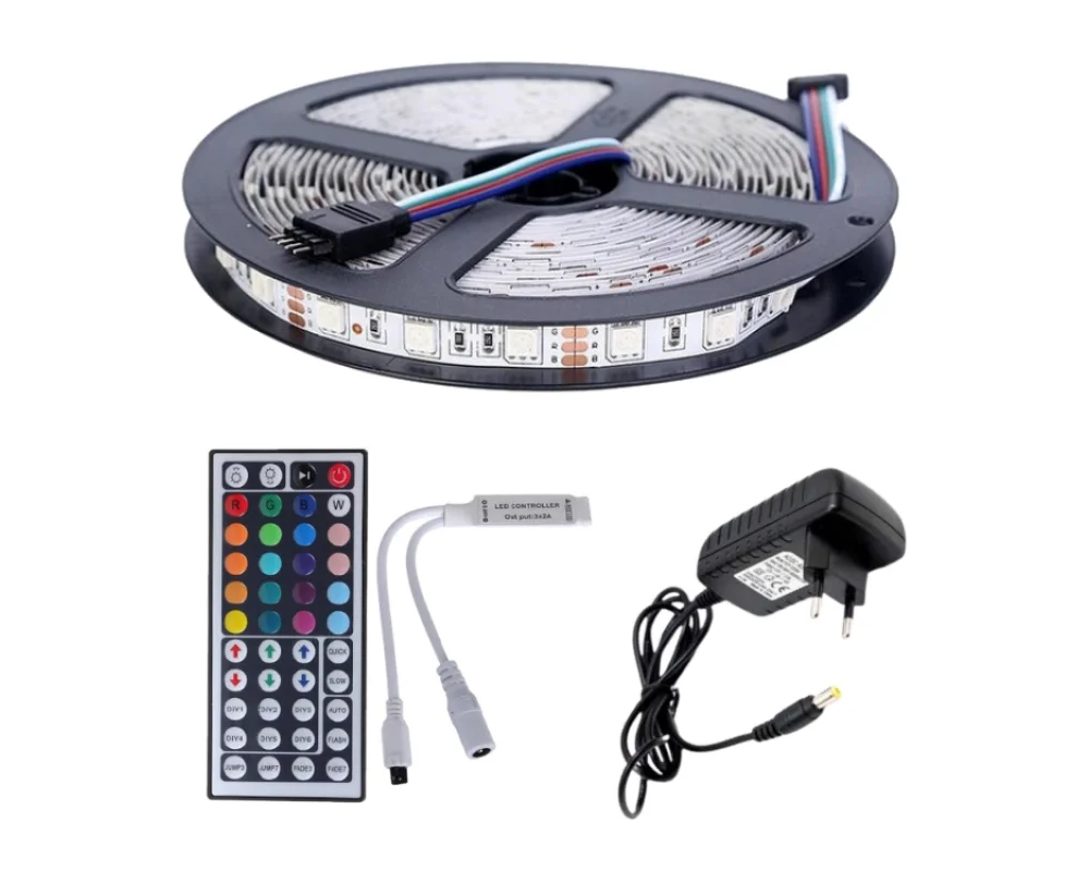 Rgb Led 5 Metre 3 Çip 44 Tuş Kumanda 5050 Smd Tak Çalıştır Set İç ve Dış Mekan