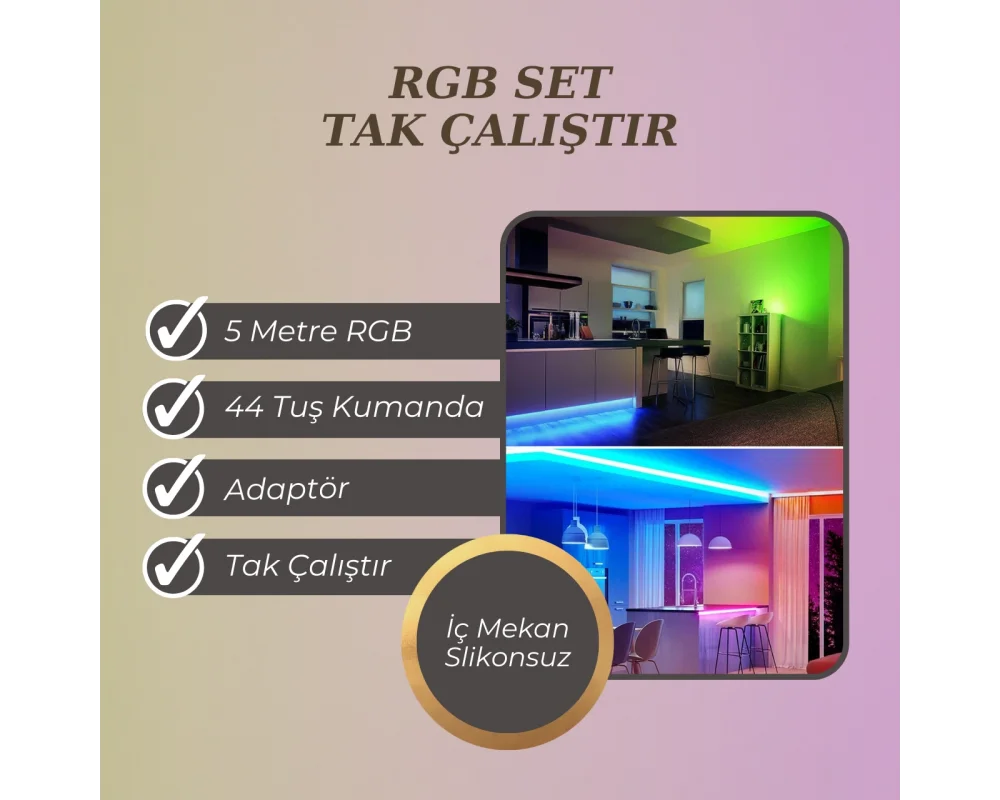 Rgb Led 5 Metre 3 Çip 44 Tuş Kumanda 5050 Smd Tak Çalıştır Set İç ve Dış Mekan