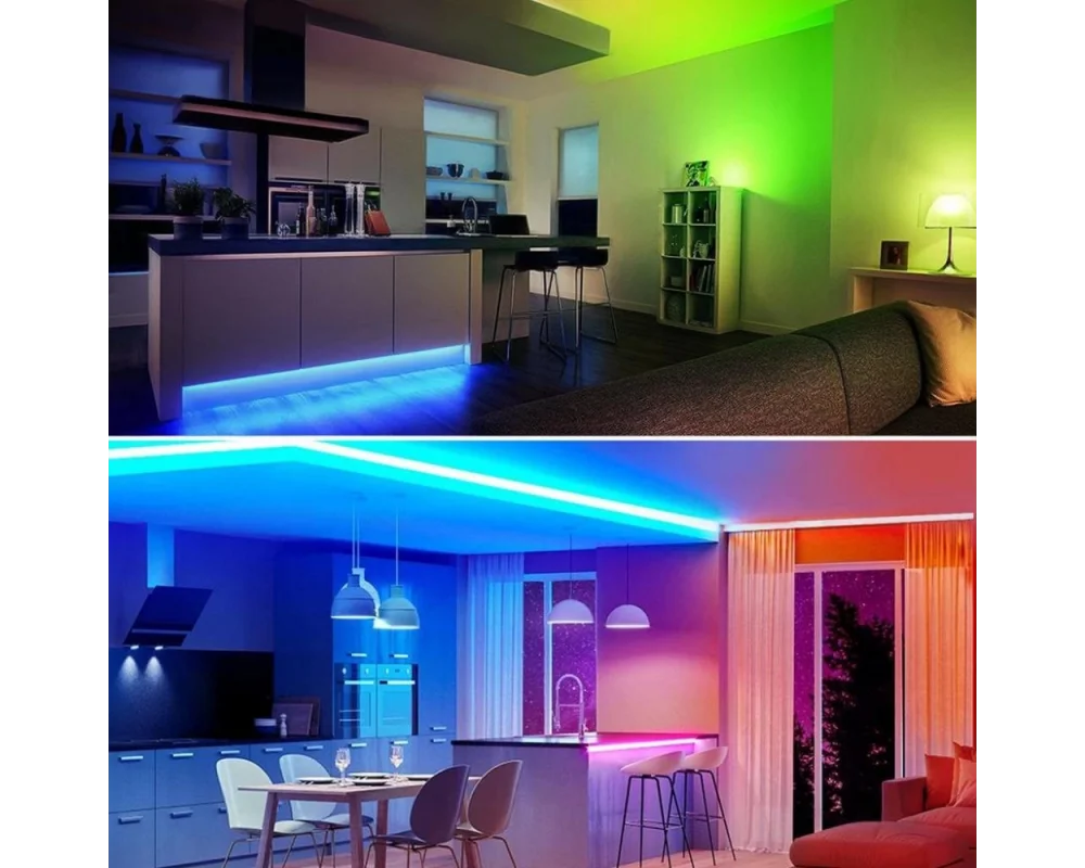 Rgb Led Bluetooth Özellikli - 5 Metre 5050 Smd İç Mekan 3 Çip Sese ve Müziğe duyarlı Rgb Şerit Led Tak Çalıştır Set