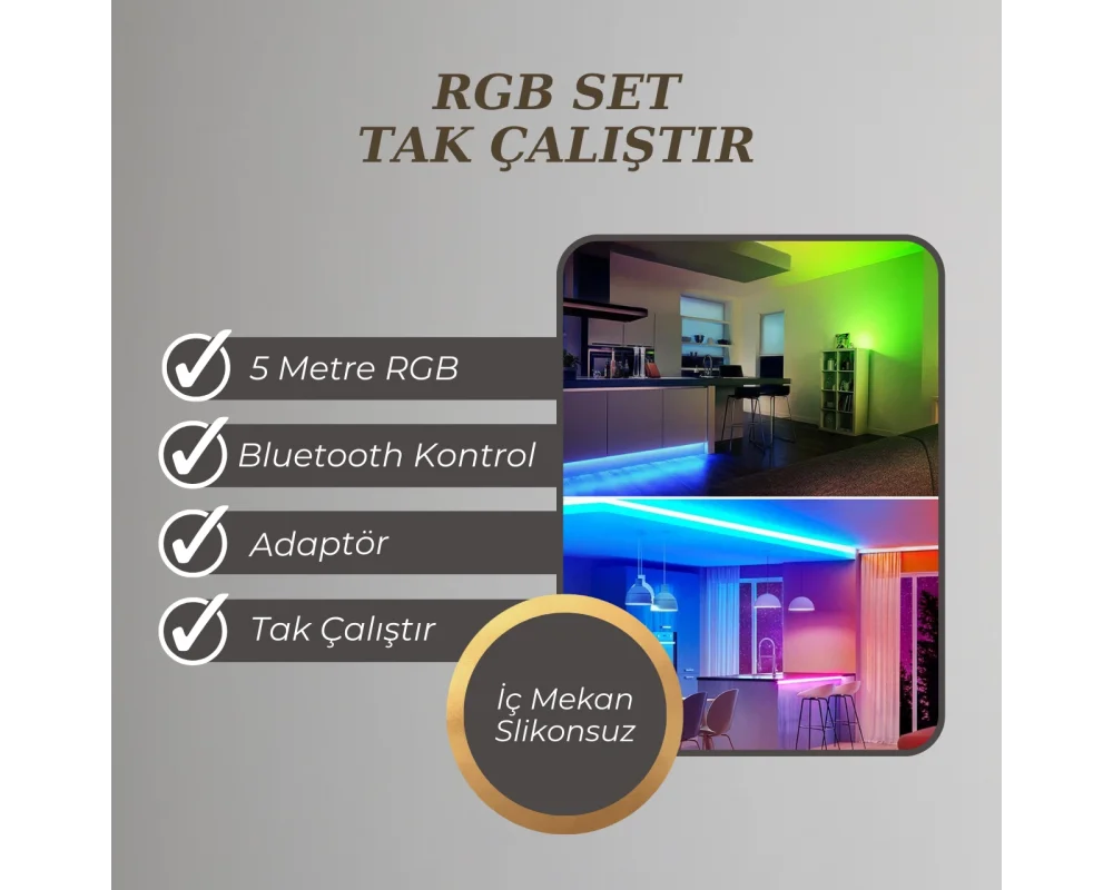 Rgb Led Bluetooth Özellikli - 5 Metre 5050 Smd İç Mekan 3 Çip Sese ve Müziğe duyarlı Rgb Şerit Led Tak Çalıştır Set