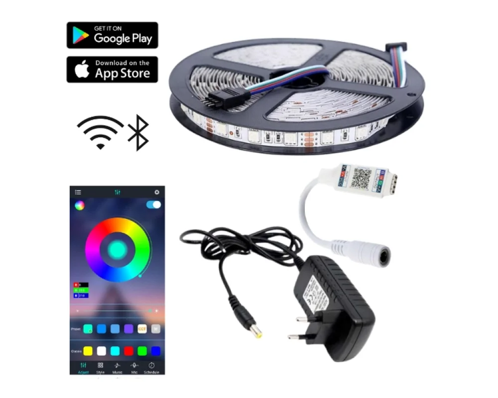 Rgb Led Bluetooth Özellikli - 5 Metre 5050 Smd İç Mekan 3 Çip Sese ve Müziğe duyarlı Rgb Şerit Led Tak Çalıştır Set