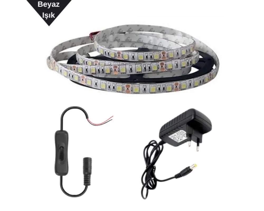 Şerit Led Beyaz Işık Smd 5050 İç ve Dış Mekan 3 Çip Tak Çalıştır Set