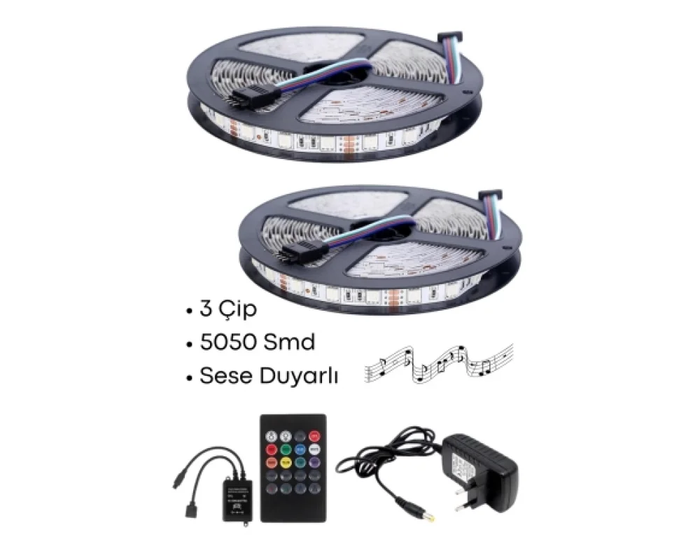 Sese ve Müziğe Duyarlı RGB Led 10 Metre İç Mekan 5050 Smd 3 Çip Tak Çalıştır Set