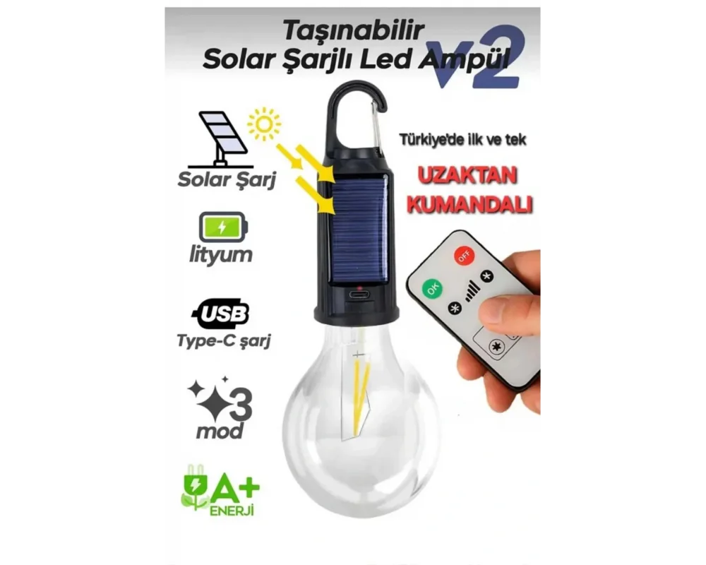 Solar Güneş Enerjili LED Ampul 3 Modlu Uzaktan Kumandalı Solar Camping Lamp