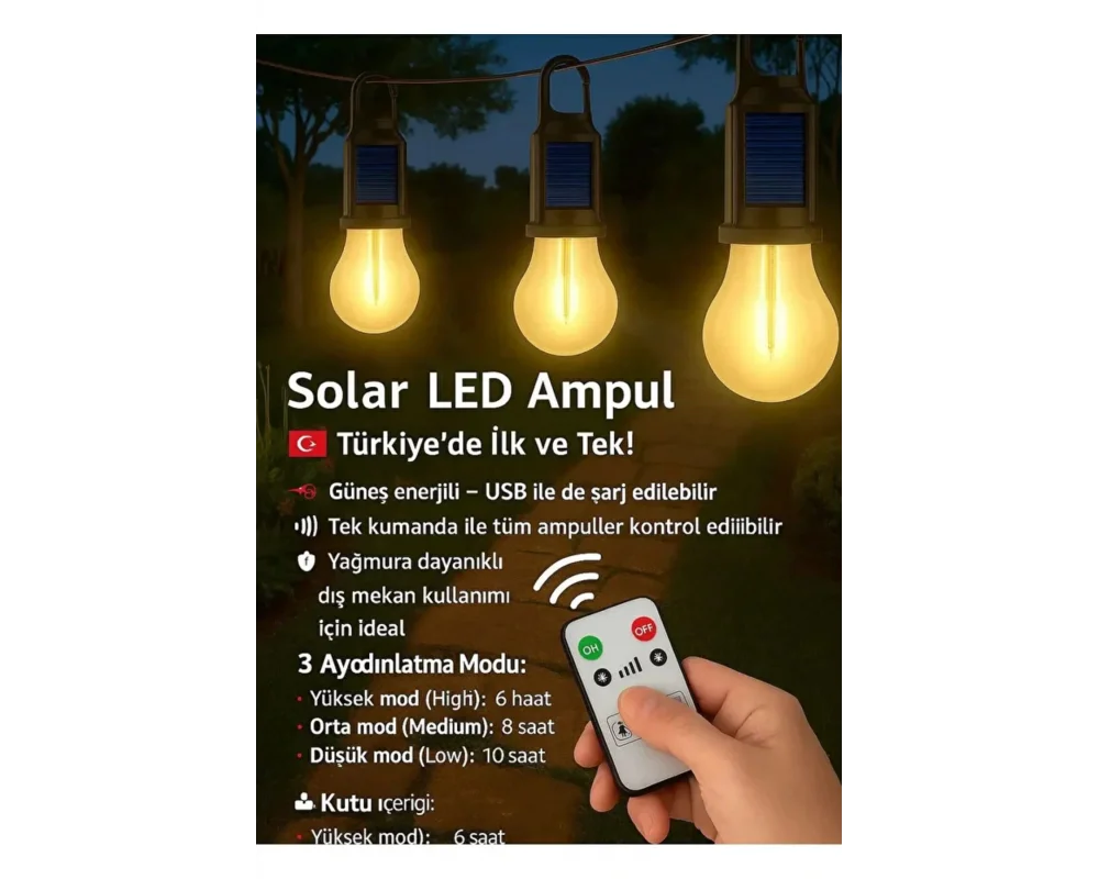 Solar Güneş Enerjili LED Ampul 3 Modlu Uzaktan Kumandalı Solar Camping Lamp