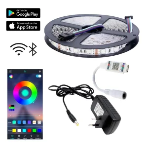 Rgb Led Bluetooth Özellikli - 5 Metre 5050 Smd İç Mekan 3 Çip Sese ve Müziğe duyarlı Rgb Şerit Led Tak Çalıştır Set