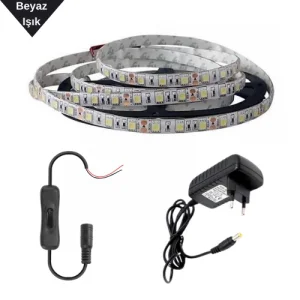 Şerit Led Beyaz Işık Smd 5050 İç ve Dış Mekan 3 Çip Tak Çalıştır Set