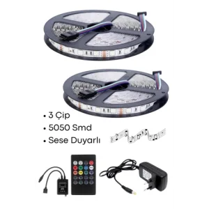 Sese ve Müziğe Duyarlı RGB Led 10 Metre İç Mekan 5050 Smd 3 Çip Tak Çalıştır Set