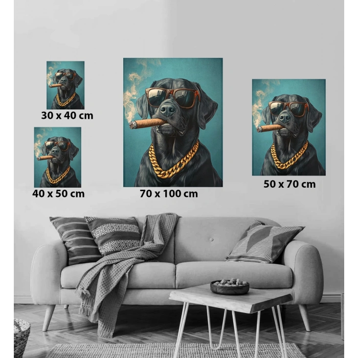 Altın Zincirli Gözlüklü Gangster Köpek Tablosu – Modern Dijital Duvar Sanatı