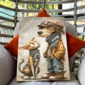 Vintage Tarzlı Köpek ve Kedi İllüstrasyon Dijital Tablo