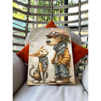 Vintage Tarzlı Köpek ve Kedi İllüstrasyon Dijital Tablo