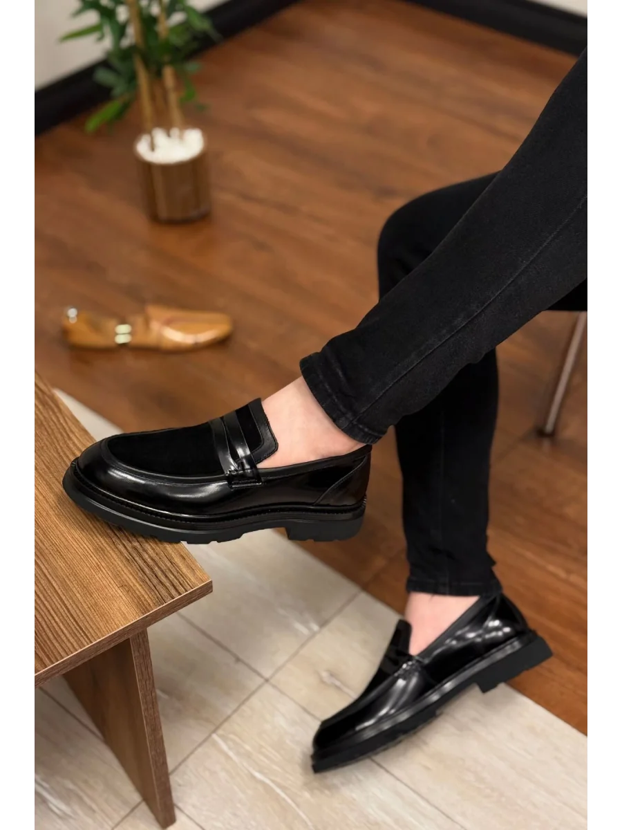 Hakiki Deri Siyah Mat Rugan ve Süet Deri Loafer