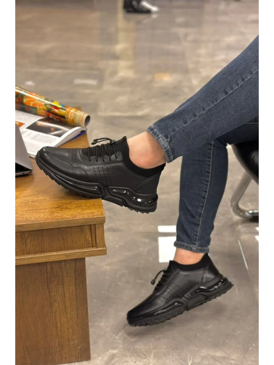 Hakiki Deri Tam Ortopedik Strecli Siyah İthal Taban Sneakers Ayakkabı