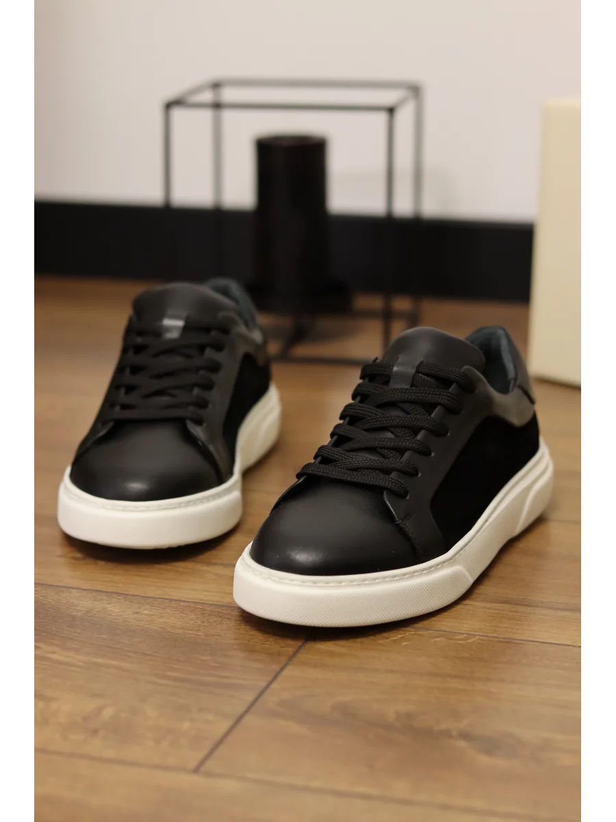 Angel Hakiki Deri Süet Detaylı Siyah Sneaker Ayakkabı