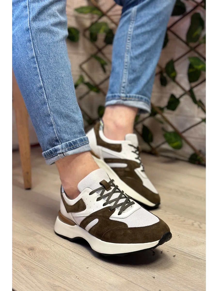 Hakiki Deri Eva Tabana Haki Beyaz İthal Sneakers
