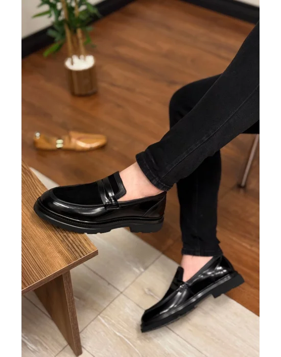 Hakiki Deri Siyah Mat Rugan ve Süet Deri Loafer