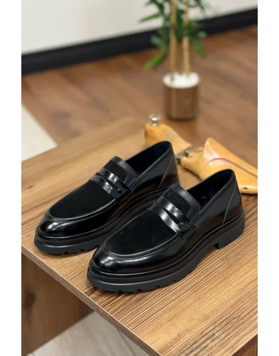 Hakiki Deri Siyah Mat Rugan ve Süet Deri Loafer