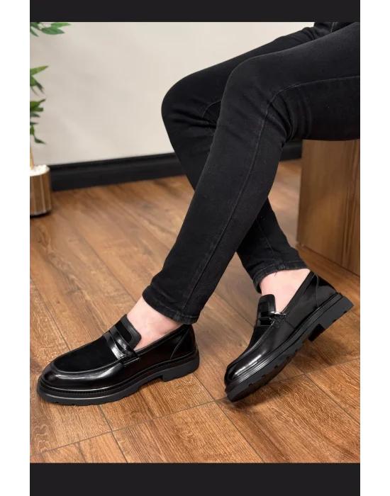 Hakiki Deri Siyah Mat Rugan ve Süet Deri Loafer