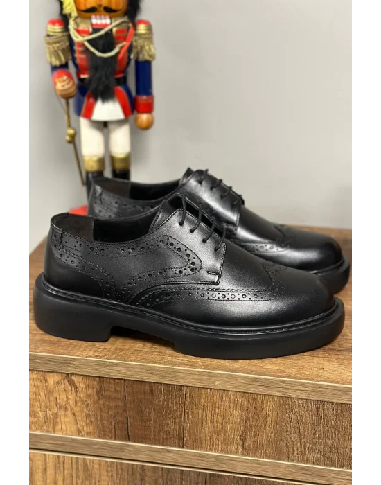 Hakiki Deri Siyah Eva Taban Klasik Oxford Ayakkabı