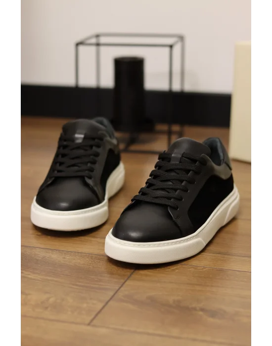 Angel Hakiki Deri Süet Detaylı Siyah Sneaker Ayakkabı