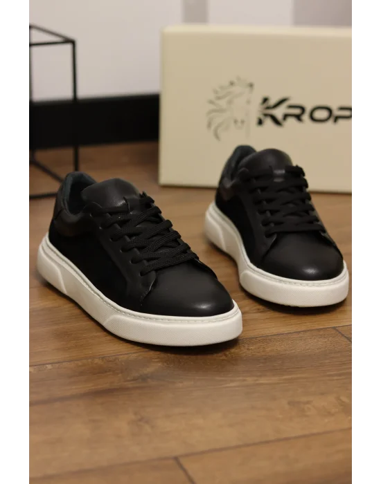 Angel Hakiki Deri Süet Detaylı Siyah Sneaker Ayakkabı