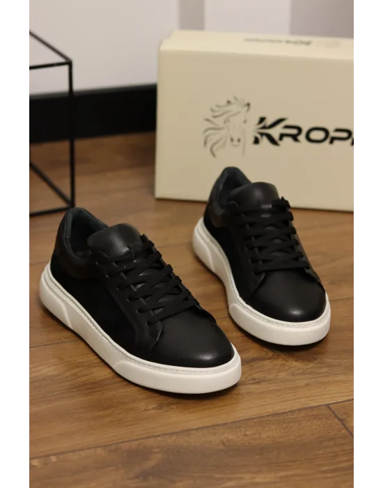 Angel Hakiki Deri Süet Detaylı Siyah Sneaker Ayakkabı