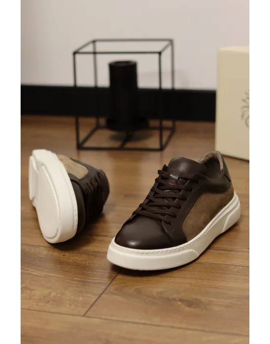 Angel Hakiki Deri Süet Detaylı Kahve Sneaker Ayakkabı