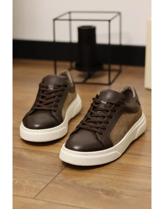 Angel Hakiki Deri Süet Detaylı Kahve Sneaker Ayakkabı