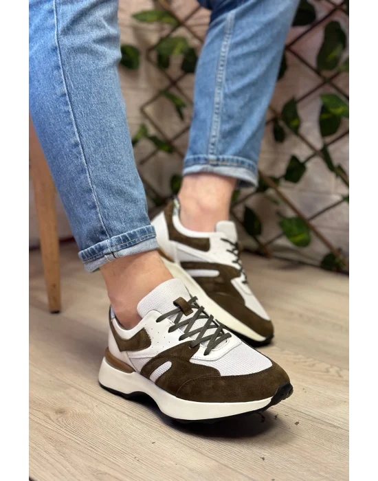 Hakiki Deri Eva Tabana Haki Beyaz İthal Sneakers