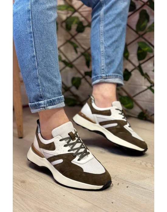 Hakiki Deri Eva Tabana Haki Beyaz İthal Sneakers