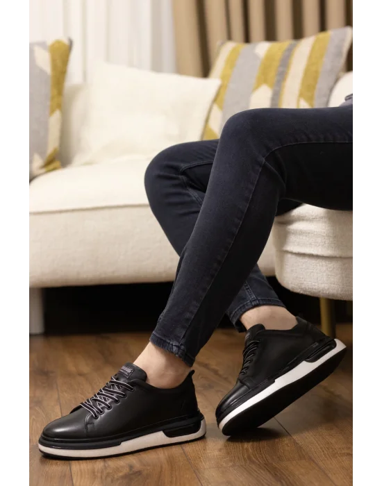 Nova Hakiki Deri Siyah İthal Taban Sneaker Ayakkabı