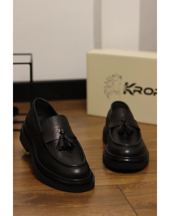 Parma Hakiki Deri Siyah Püsküllü Loafer
