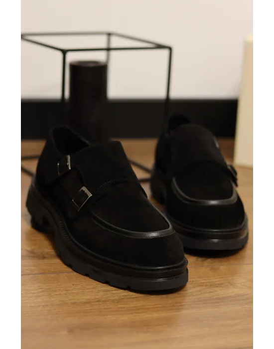 Prestio Siyah Hakiki Süet Deri Çift Tokalı Klasik Ayakkabı