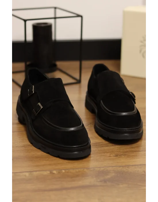 Prestio Siyah Hakiki Süet Deri Çift Tokalı Klasik Ayakkabı