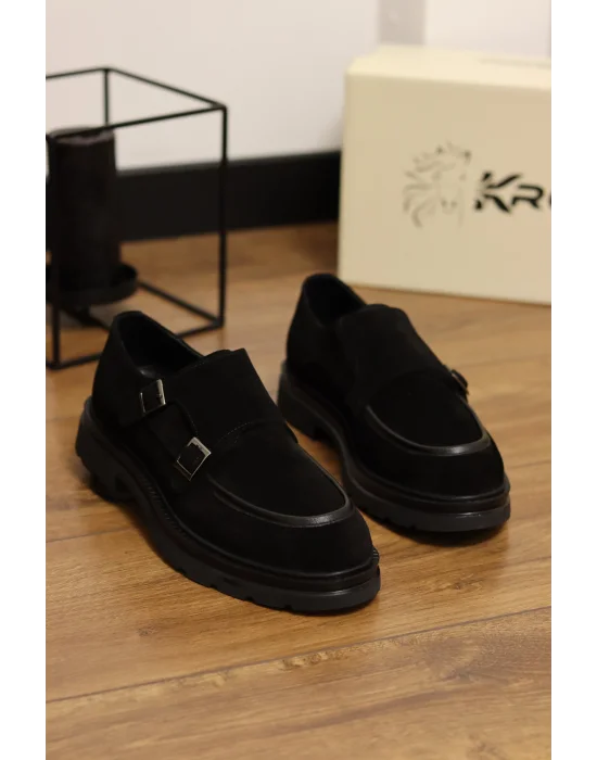 Prestio Siyah Hakiki Süet Deri Çift Tokalı Klasik Ayakkabı