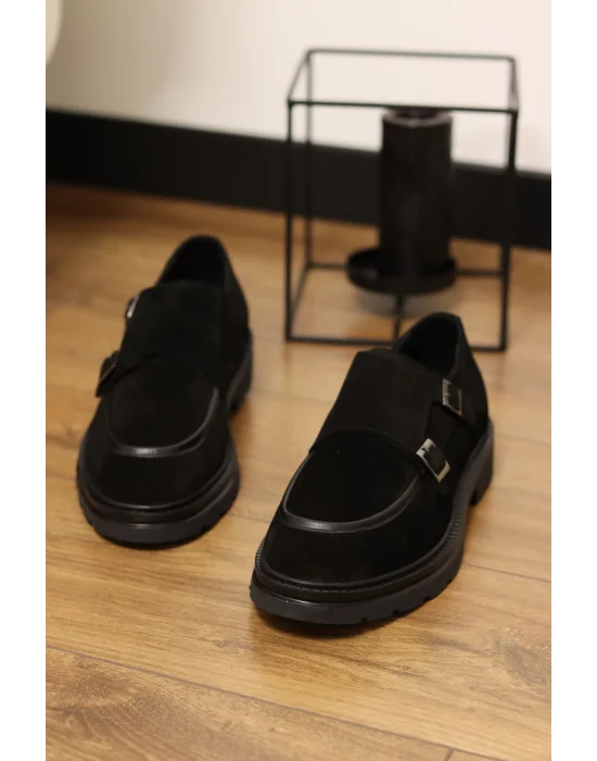 Prestio Siyah Hakiki Süet Deri Çift Tokalı Klasik Ayakkabı